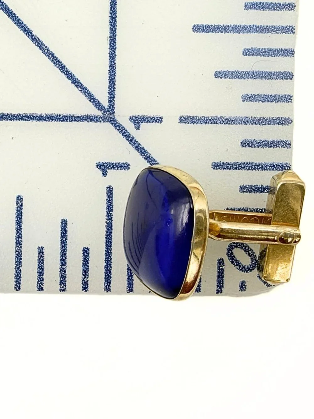 Antique Art Deco Swank Signed Cushion Cut Blue Glass MCM Minimalist Cufflinks
